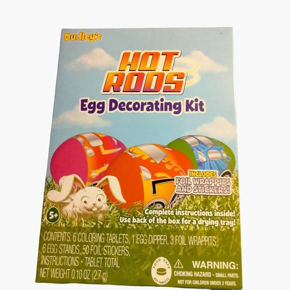 Dudleys Easter Egg Decorating Kit Hot Rods Dye Foil Stickers Stand Dipper